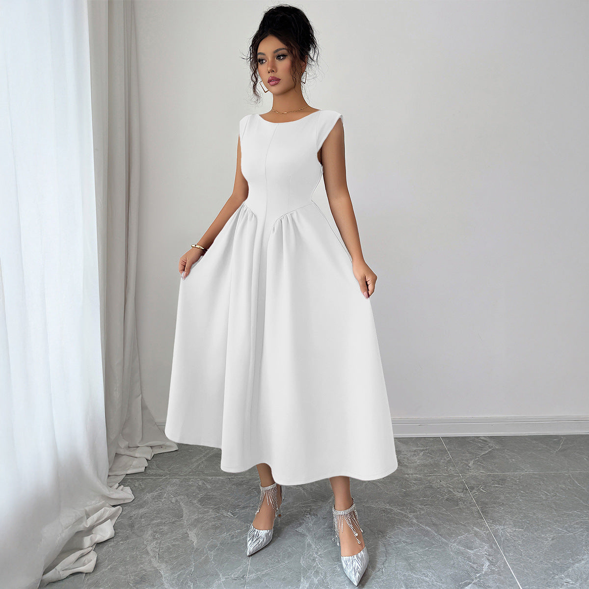 Solid Color Waist Long Skirt Dress Women