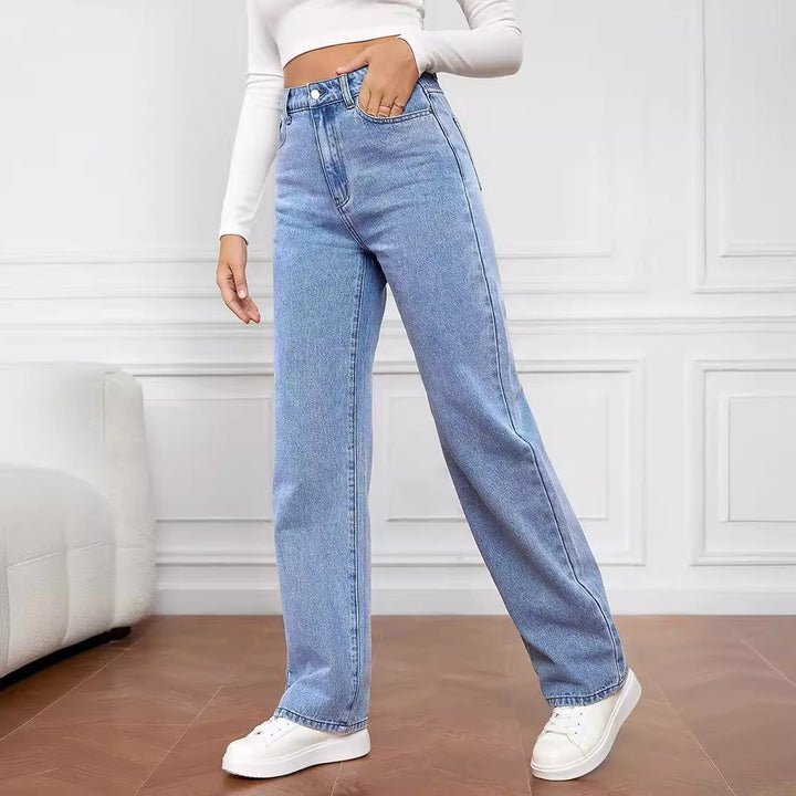 High Waist Slim Straight Denim Trousers