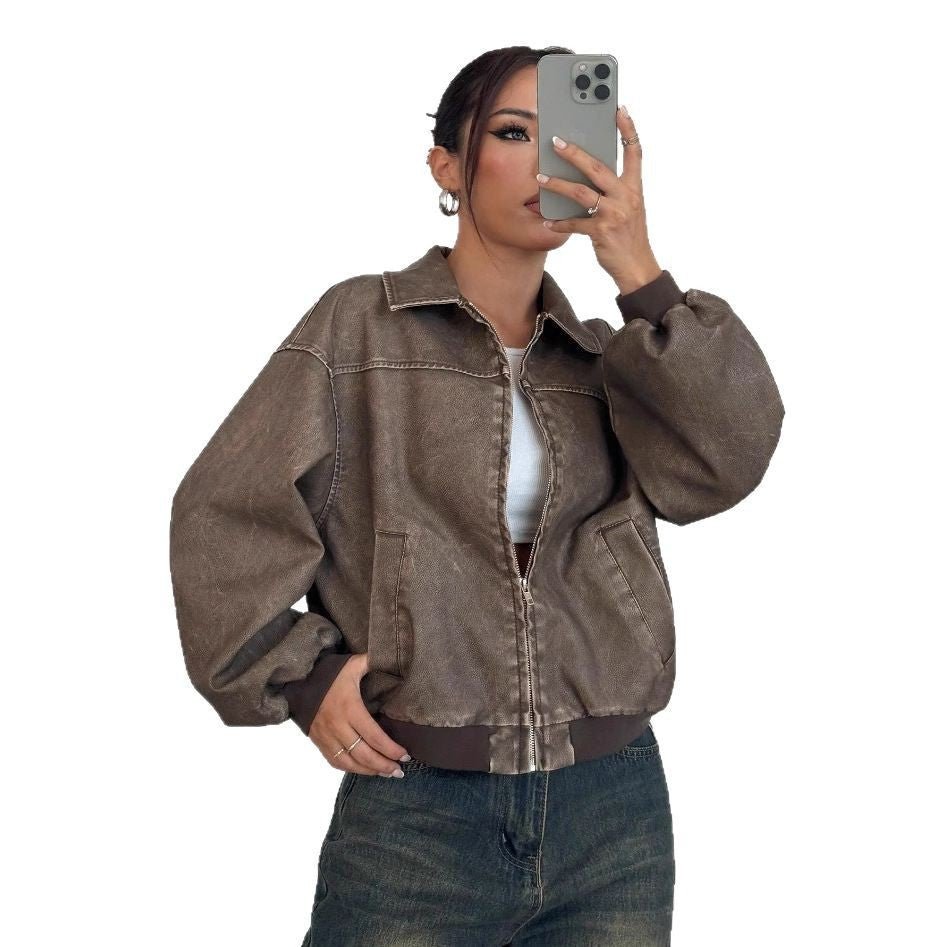 American-style Distressed Long Sleeve Leather Jacket Top
