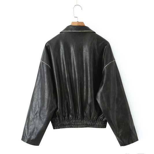 Lapel Long Sleeve Zipper Brushed Leather Coat