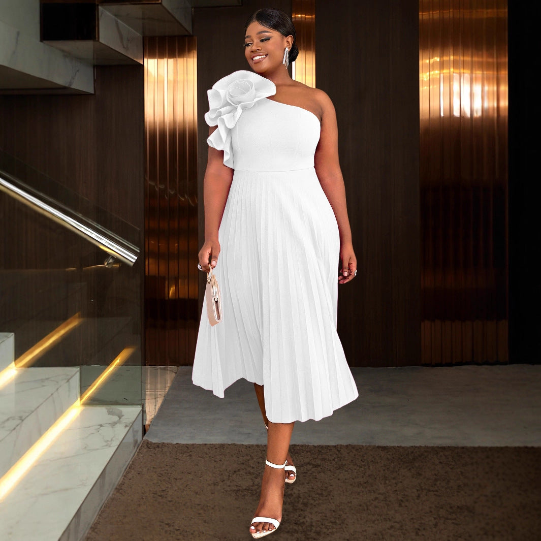 Shoulder Diagonal Collar Pleated Skirt