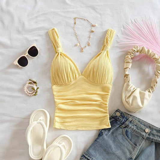 European And American V-neck Pleated Small Sling Slimming