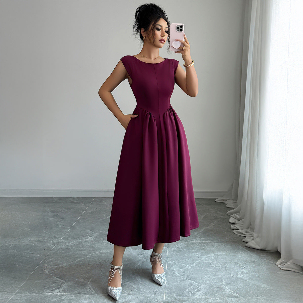 Solid Color Waist Long Skirt Dress Women
