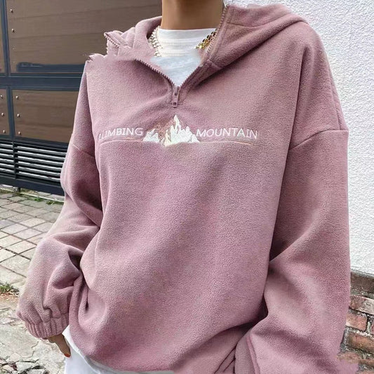 Women's Plush Hooded Zipper Sweatshirt Loose