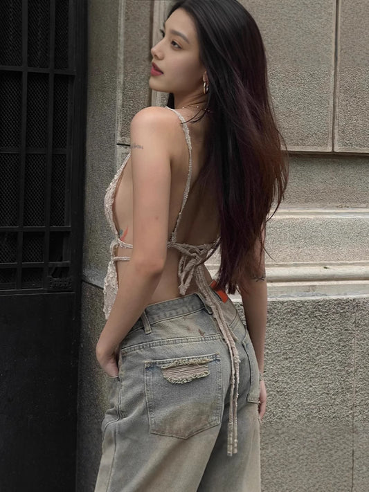 Strap Lace Stitching Halterneck Vest Women