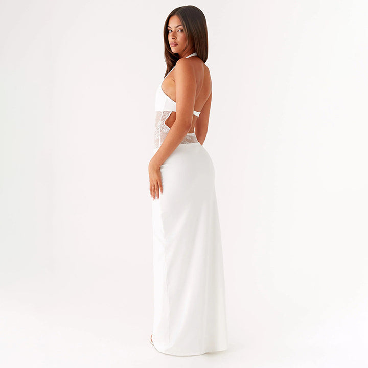 Summer Women's Clothing Temperament Pure Color Halter Backless Lace Stitching Dress