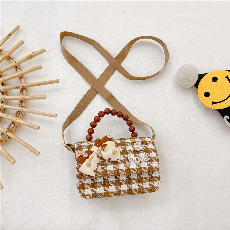 Brown Plaid Crossbody Bag Pearl Tote