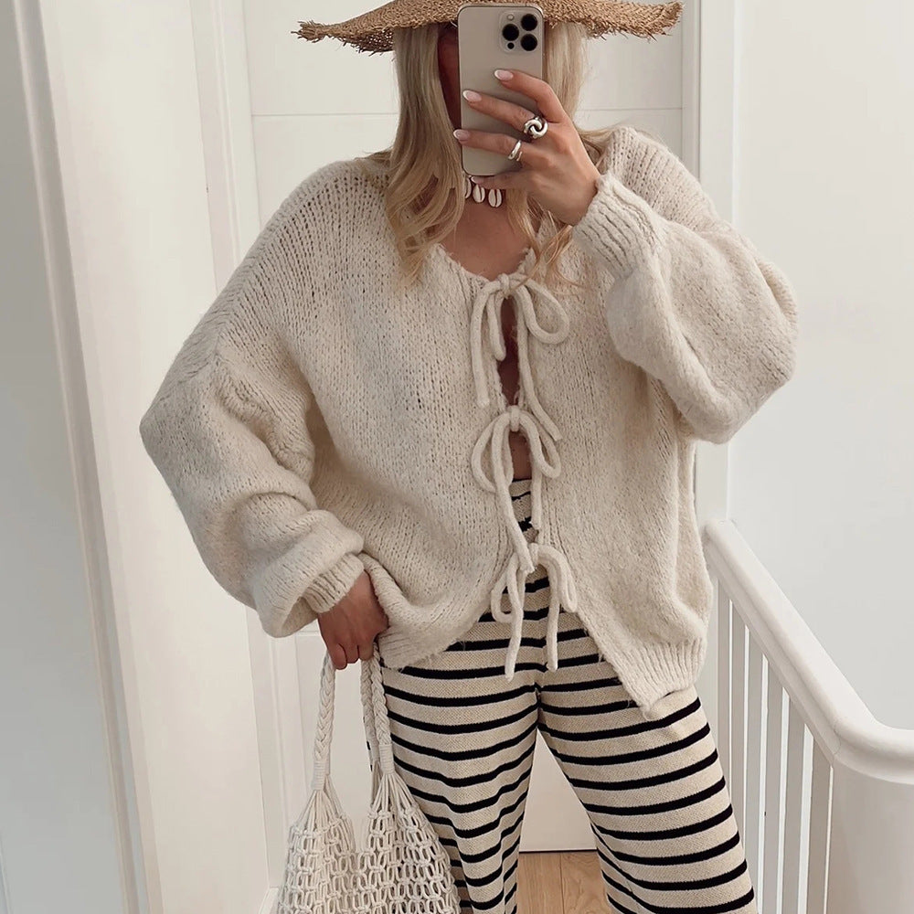 Women's Solid Color Casual Loose And Simple Lace-up Sweater Coat