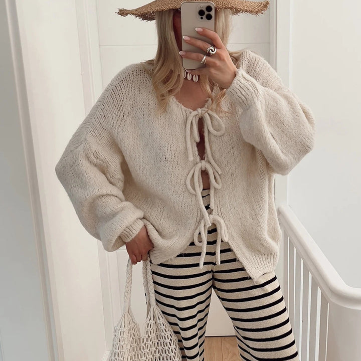 Women's Solid Color Casual Loose And Simple Lace-up Sweater Coat