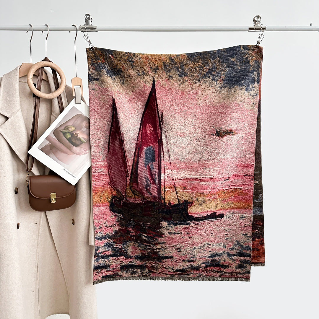 Winter Shawl Scarf Women's Oil Painting Sailing Shawl