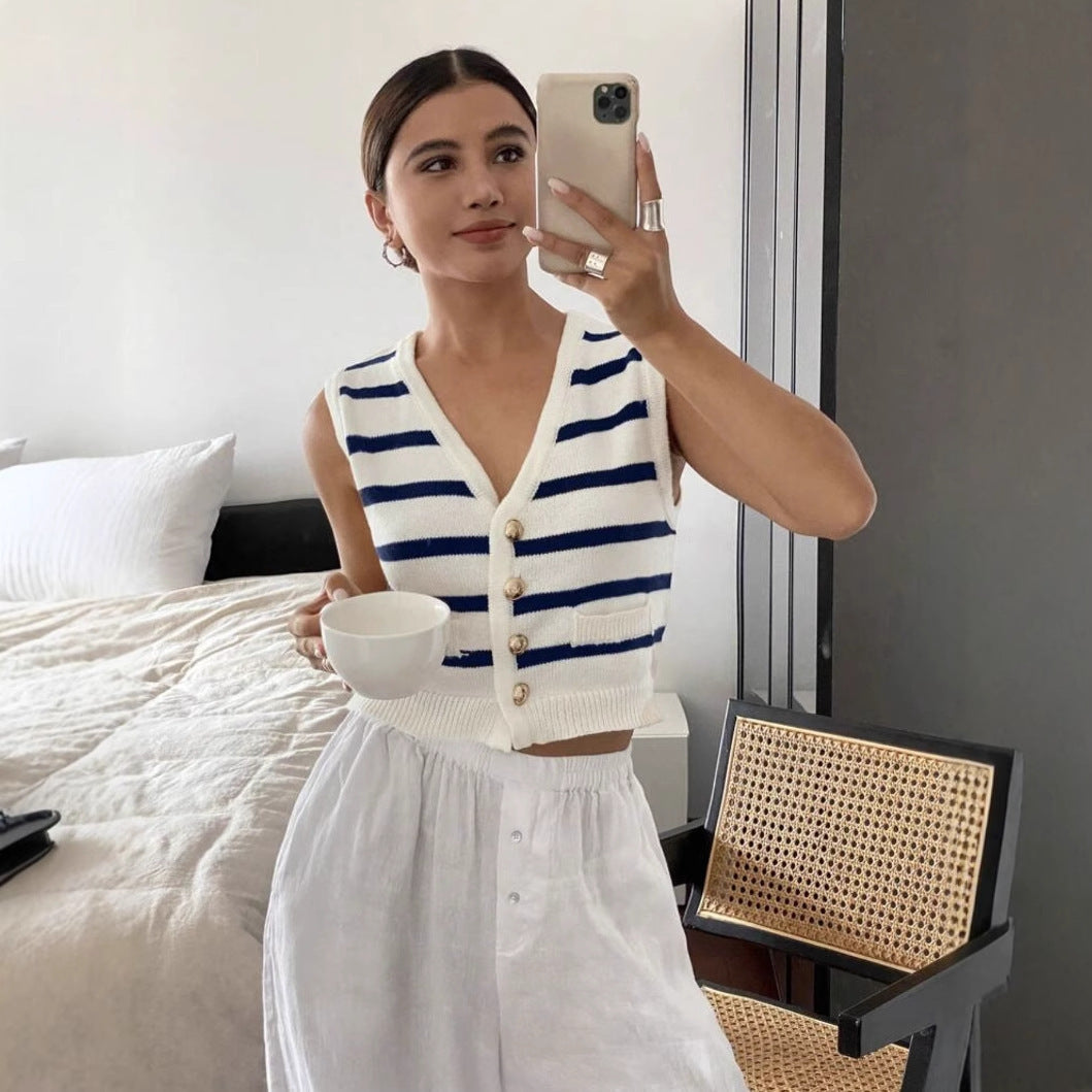 Spring And Summer Knitted Striped Vest Female Europe And America Cross Border Foreign Trade
