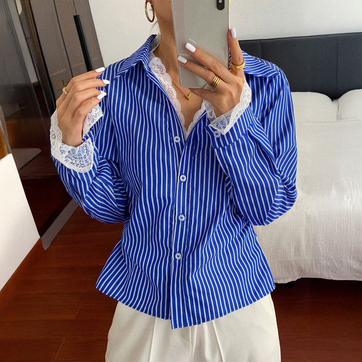 Striped Button Long Sleeve Shirt For Women