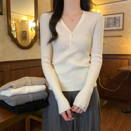Waist-tight Slimming V-neckline Long-sleeved Women's Temperament Commute Pure Sweater