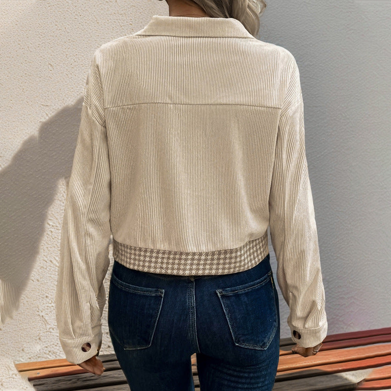 Corduroy Stitching Brushed Houndstooth Coat Women