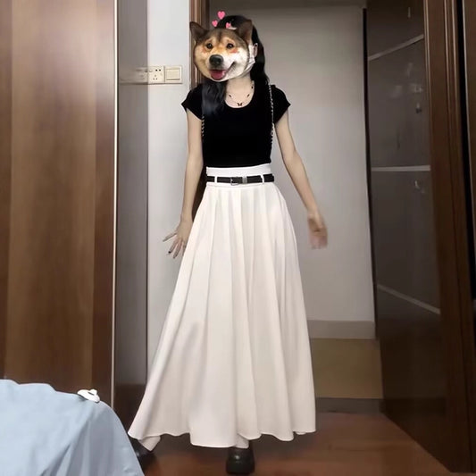 White With Belt Pleated Skirt For Women