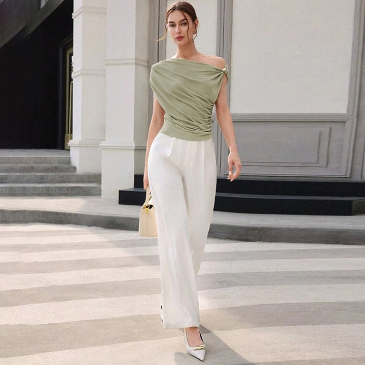 Personality Diagonal Collar Sleeveless Cinched Slimming Pullover
