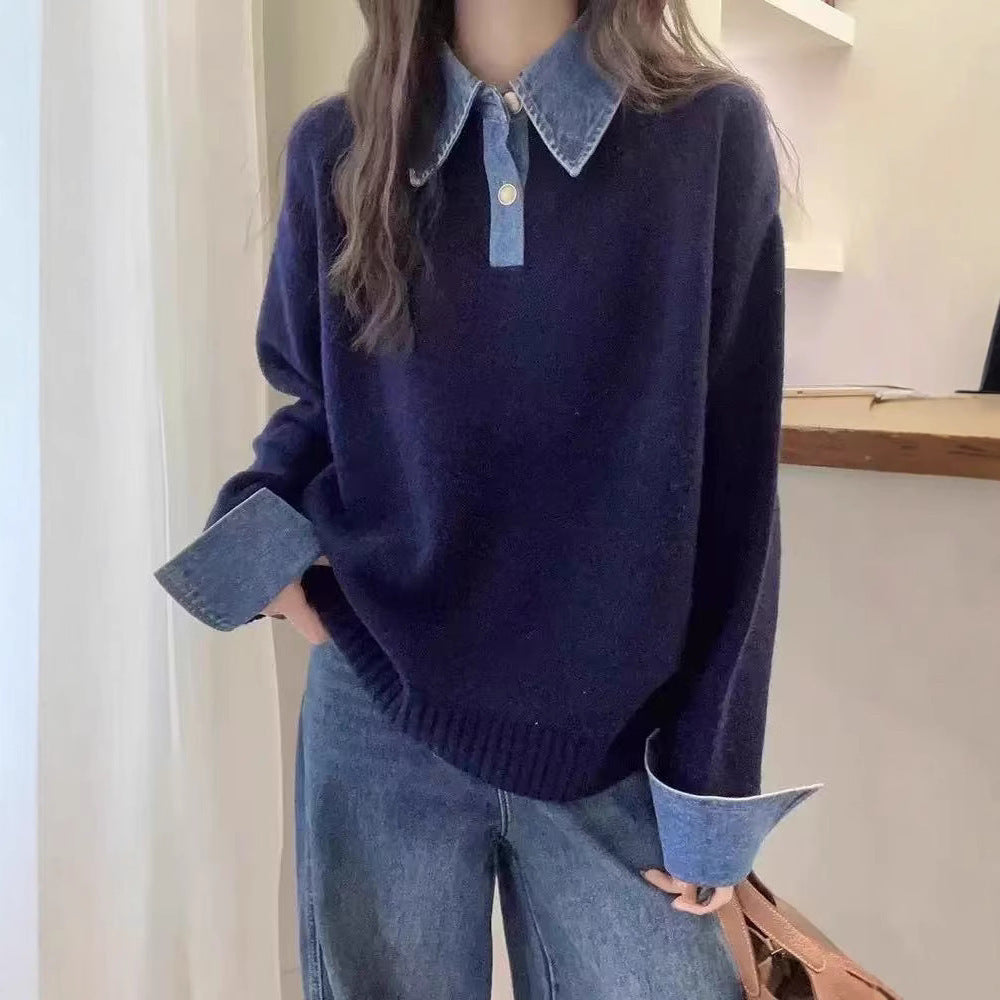 Stand collar denim cardigan
