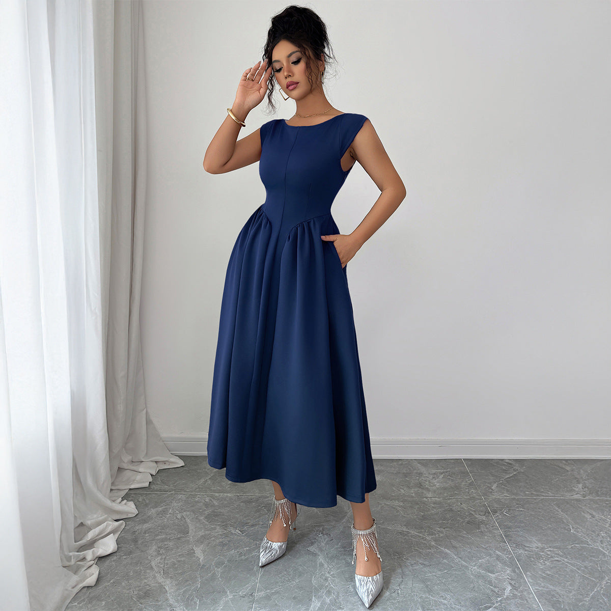 Solid Color Waist Long Skirt Dress Women