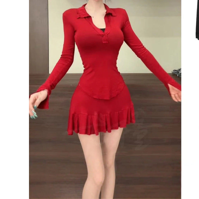 V-neck Fitted Waist Bottoming Shirt Top Women's High Waist Skirt Outfit