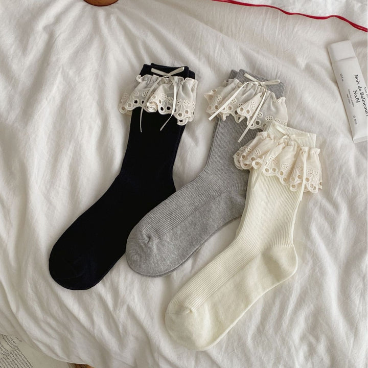 Ins Ballet Style Blogger Same Style Tube Socks Hollow Cherry Lace Bow Socks Japanese JK Girl Bunching Socks