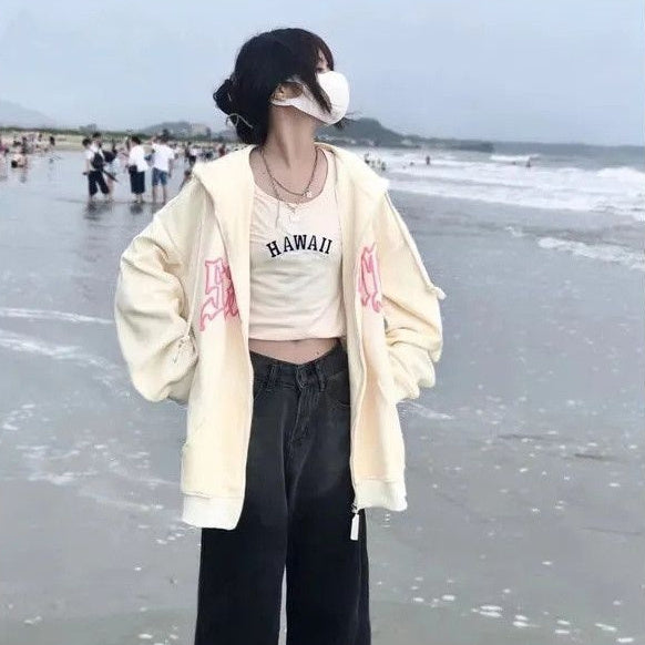 Apricot Sweater Letter Printed Cardigan Zipper Coat