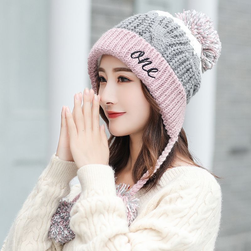 Winter Hat Women's Fleece-lined Warm Wool Hat Korean Style Colorblock All-matching Hat