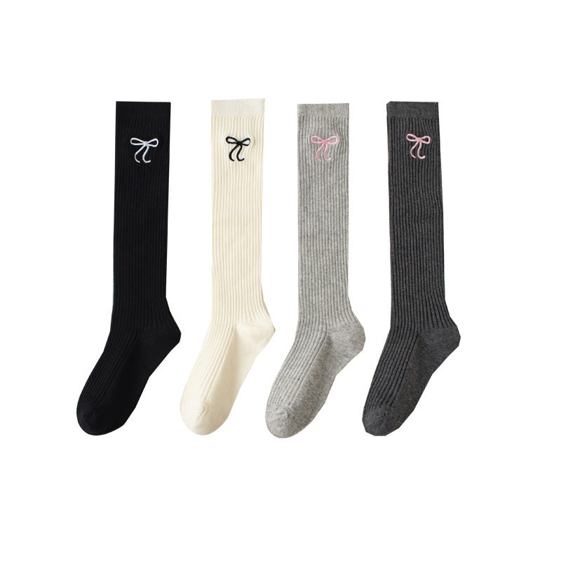 Bowknot Embroidery Stockings Preppy Style Calf Socks Children's High-top Cotton Socks