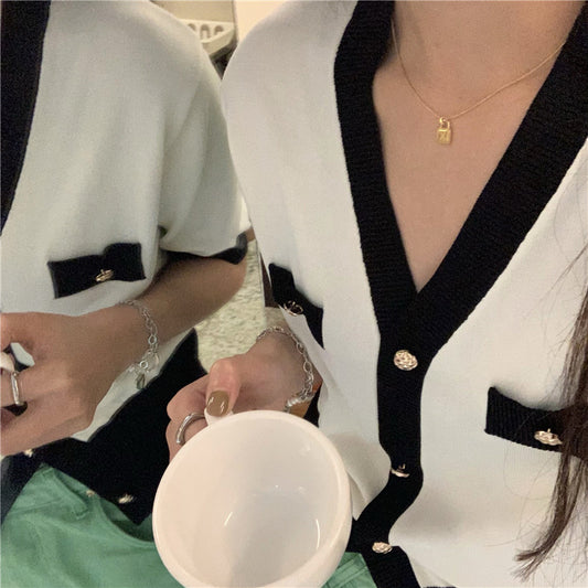 Classic Style Color Matching Ice Silk Short-style Loose Slimming Knitted Thin Top