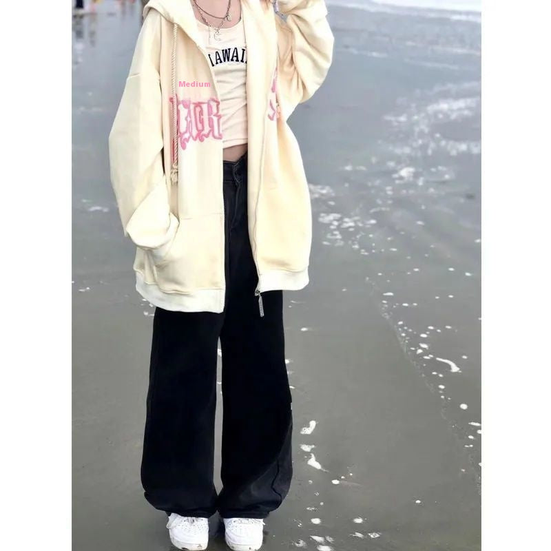 Apricot Sweater Letter Printed Cardigan Zipper Coat