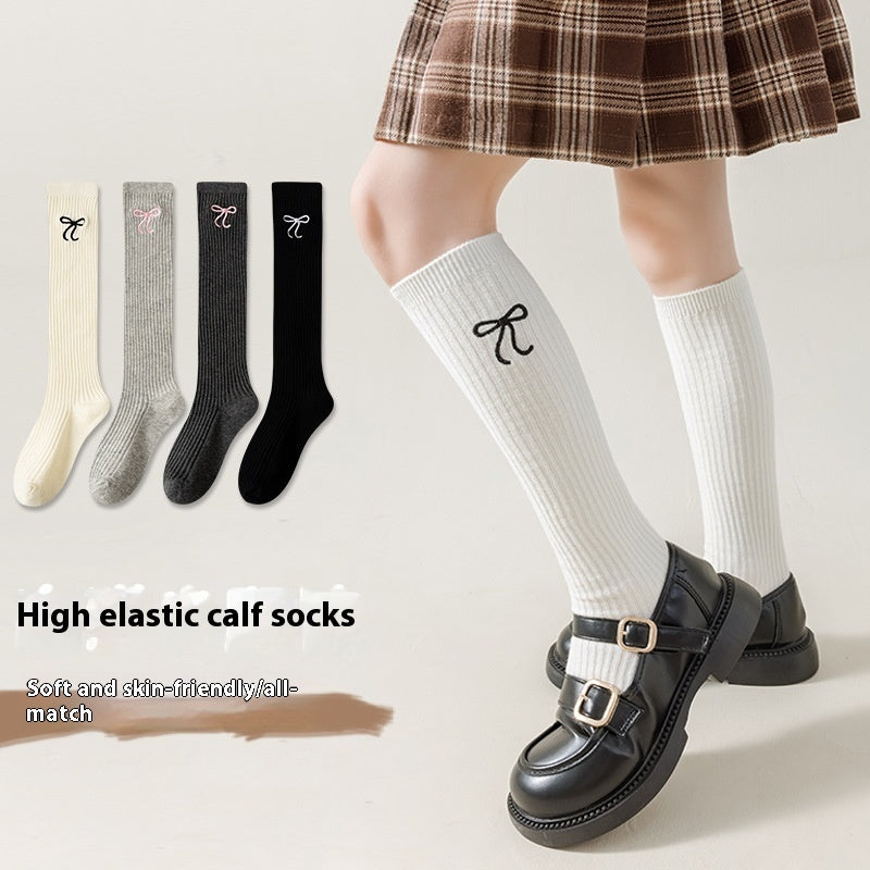 Bowknot Embroidery Stockings Preppy Style Calf Socks Children's High-top Cotton Socks