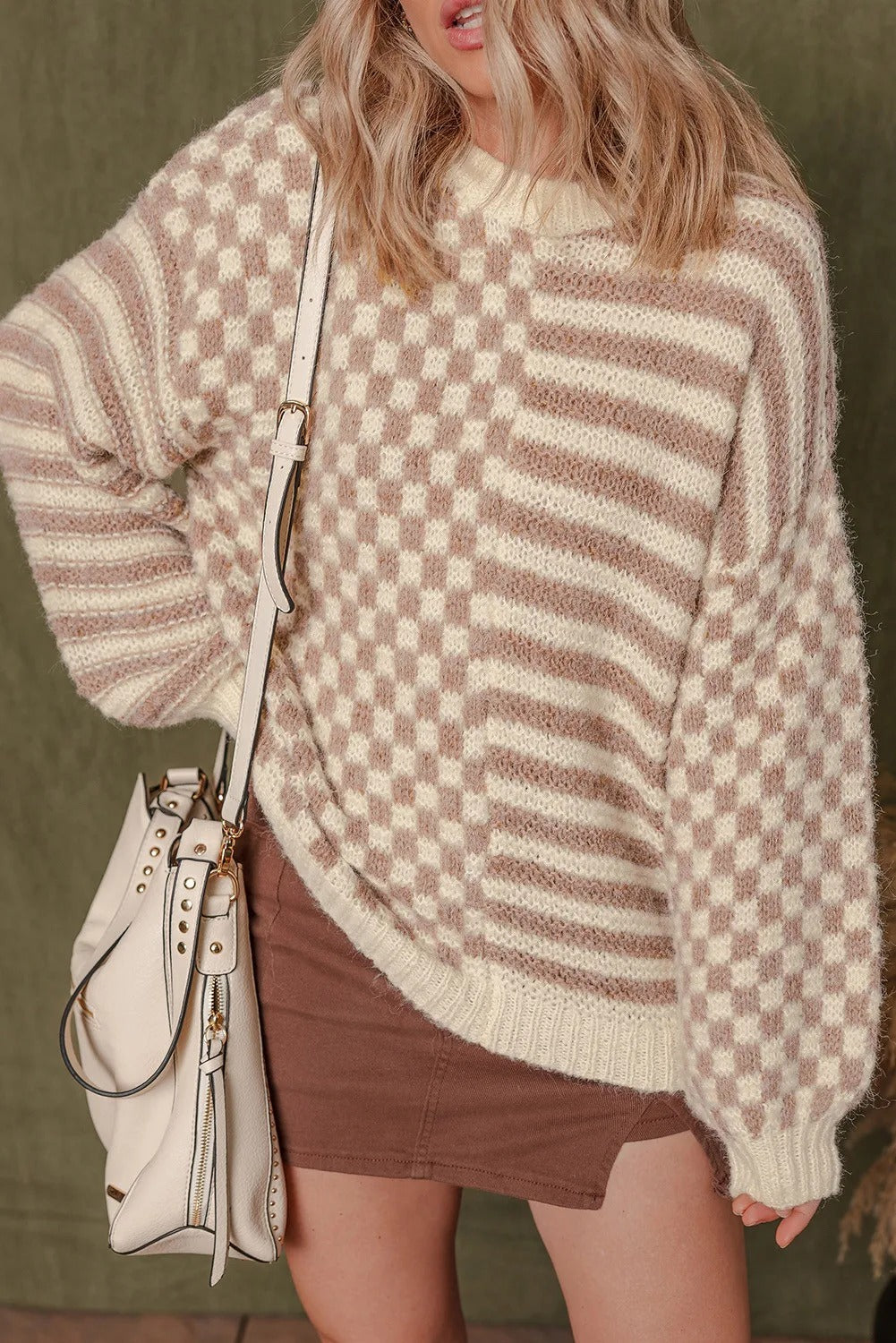 Khaki shoulder balloon sleeve sweater