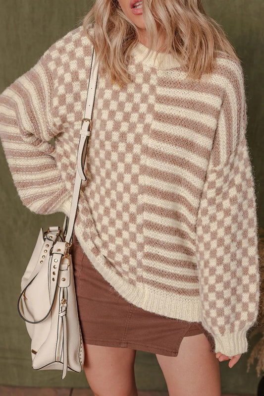 Khaki shoulder balloon sleeve sweater