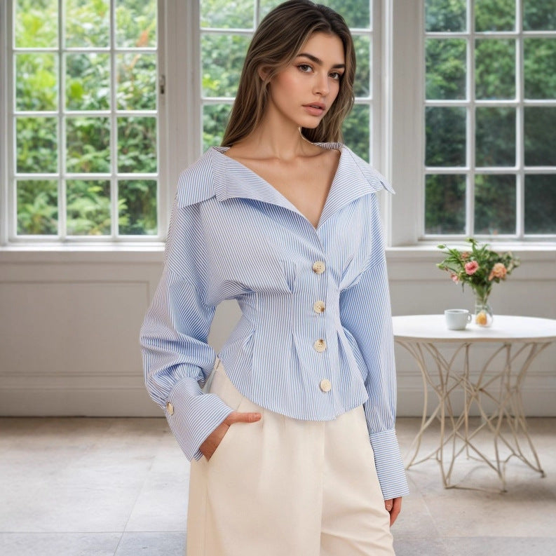 Waist-tight Fashion All-matching Striped Long-sleeved Top