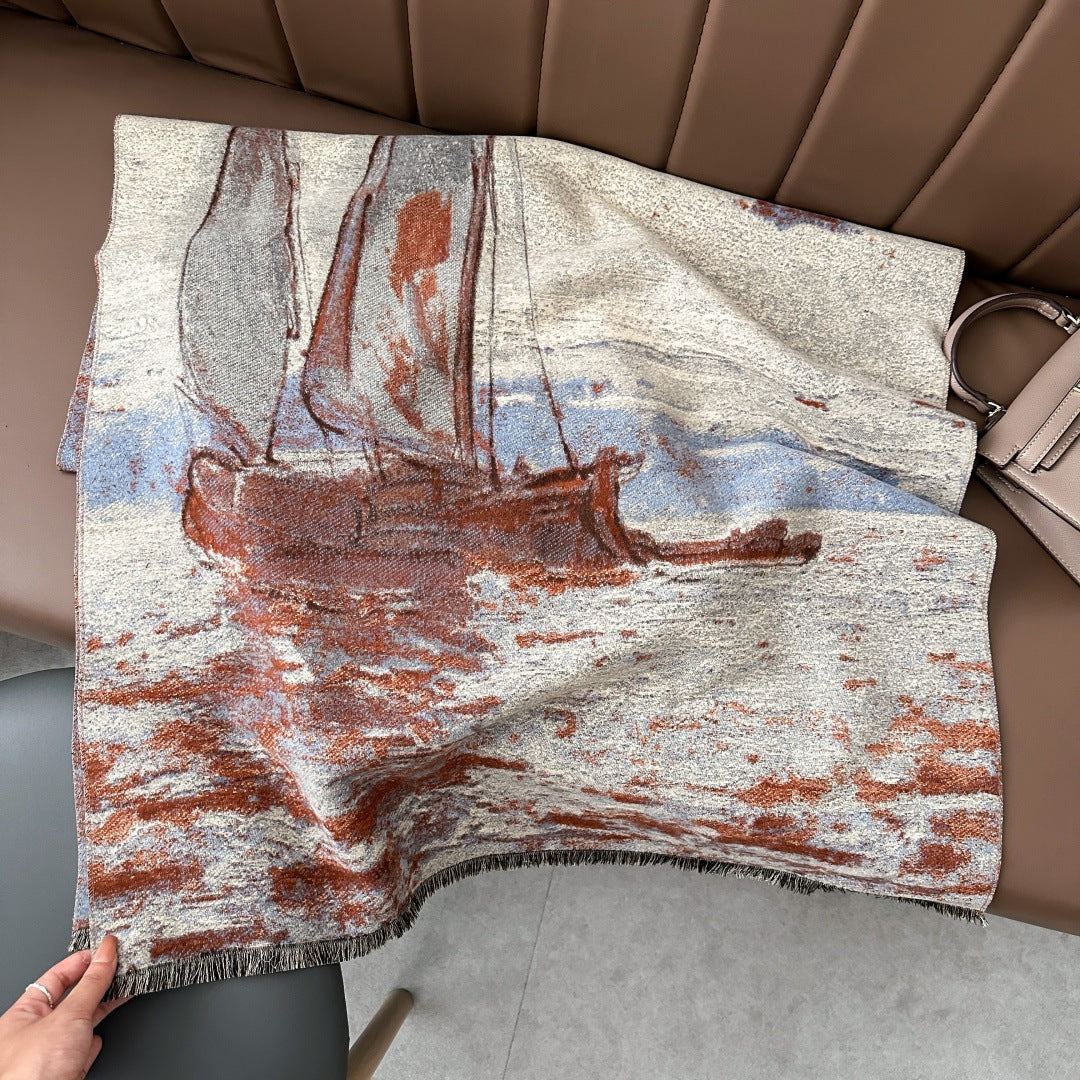 Winter Shawl Scarf Women's Oil Painting Sailing Shawl