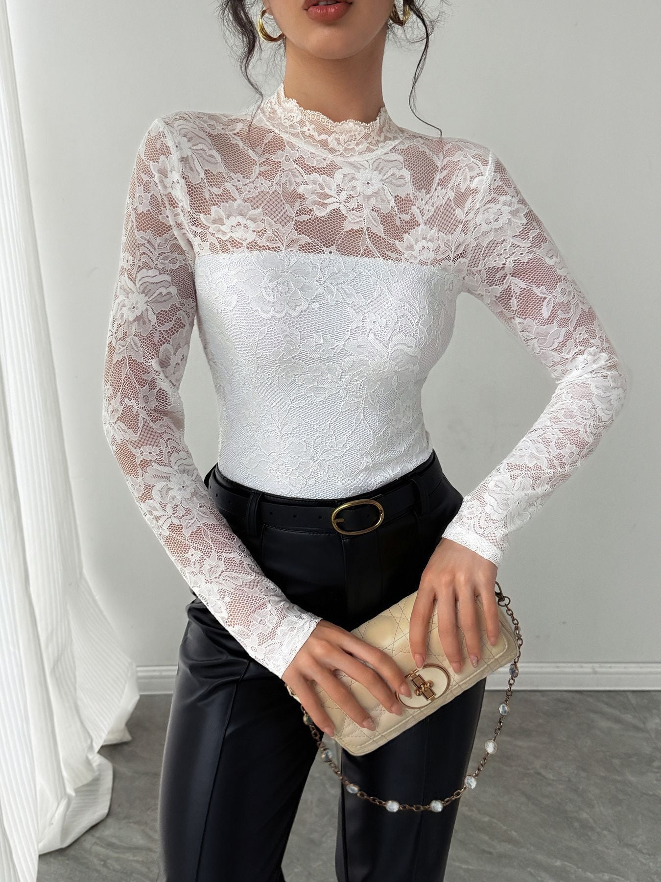 European And American Style Lace Stitching Back Long-sleeve Zipper Slim Fit Slimming Top Women