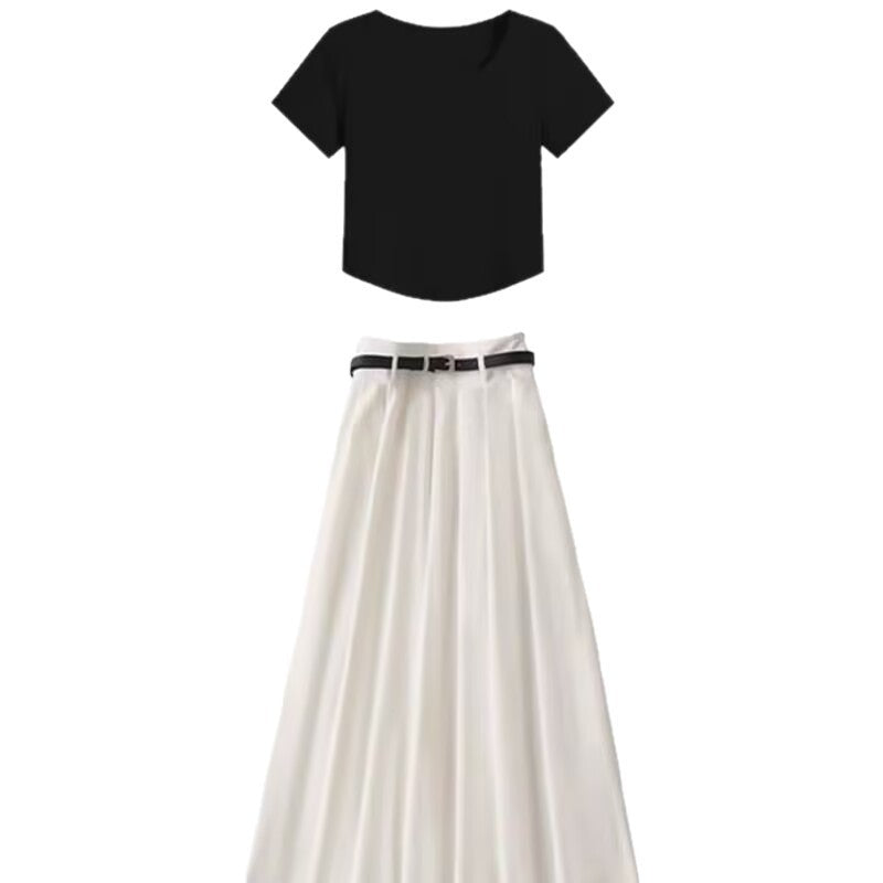 White With Belt Pleated Skirt For Women