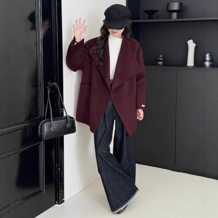 Large Lapel Solid Color One Button Drop-shoulder Sleeve Double-sided Wool Overcoat Coat