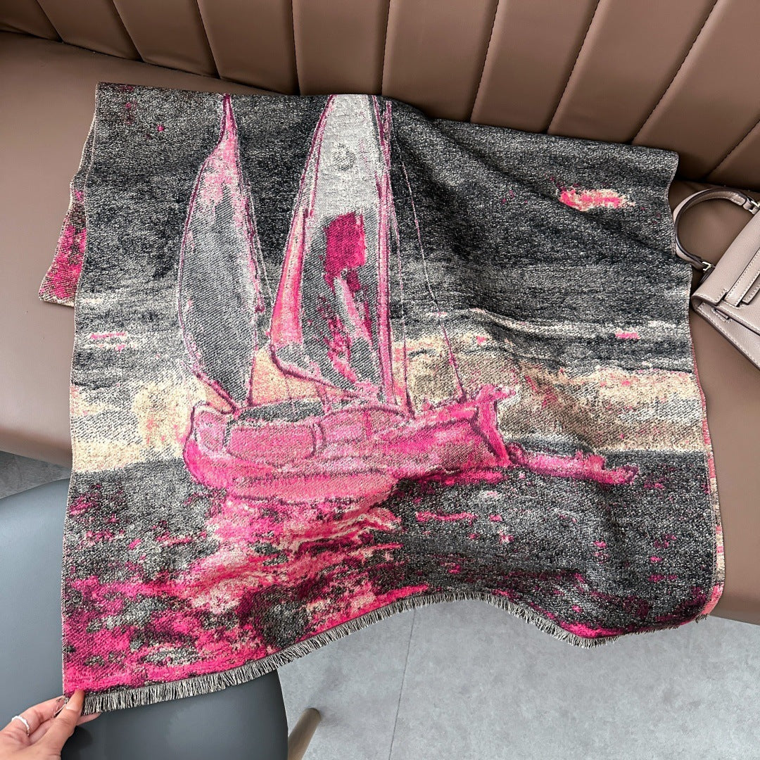 Winter Shawl Scarf Women's Oil Painting Sailing Shawl