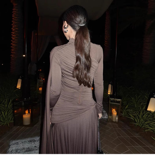 Solid Color Slim Fit Pleated Long Sleeve Dress