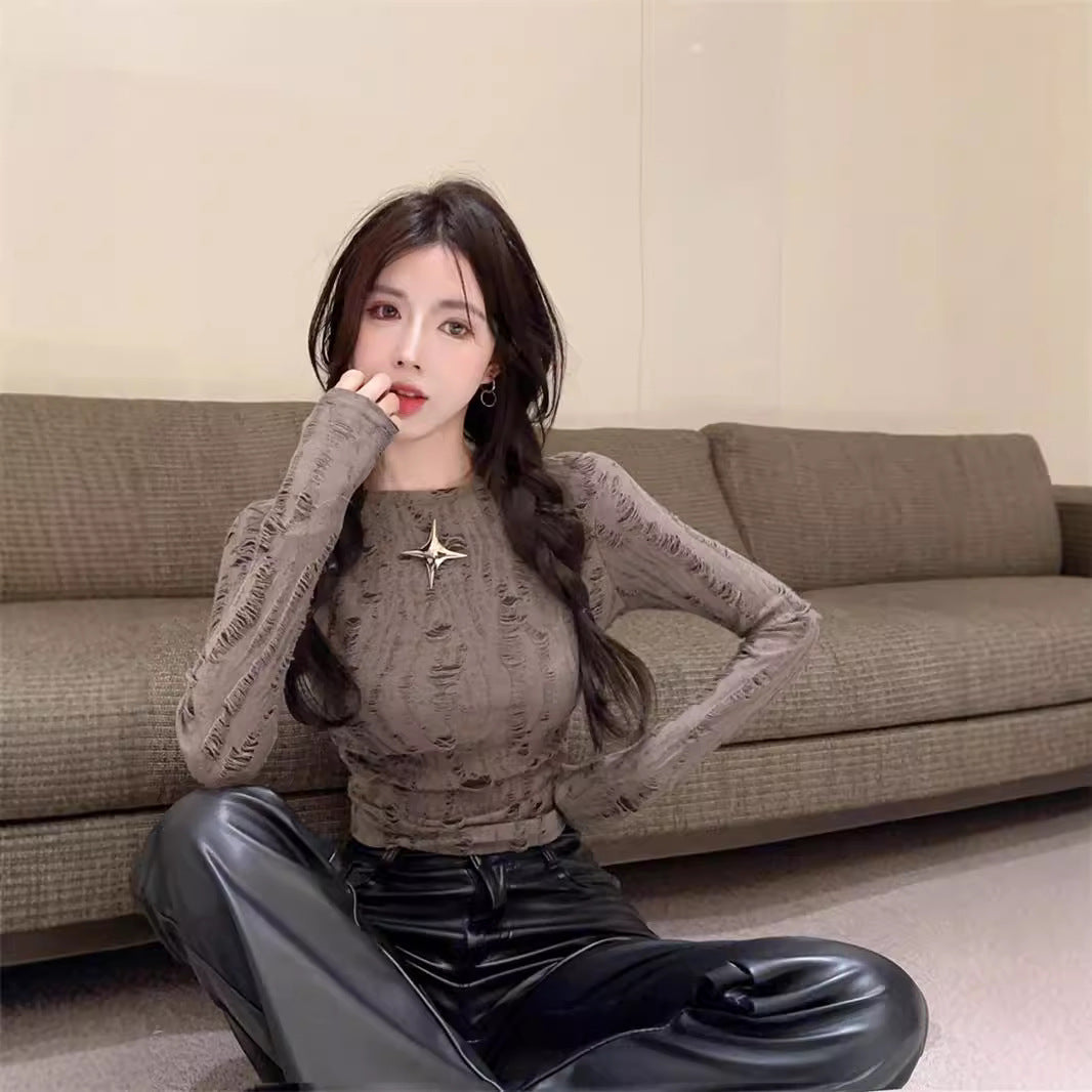 Autumn And Winter Ripped Hollow-out Long-sleeved Bottoming Shirt Inner Wear
