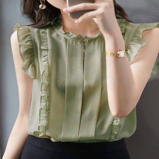 Sleeveless Ruffled Floral Women's Loose Sweet Chiffon Printed Top