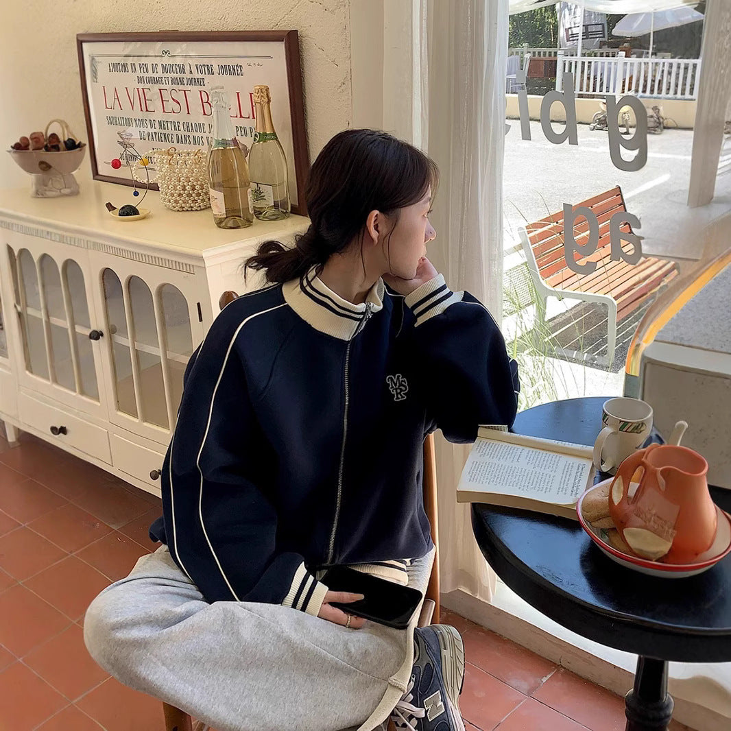 Contrast Color Striped Stand Collar Loose Preppy Style Leisure Sports Sweater Coat