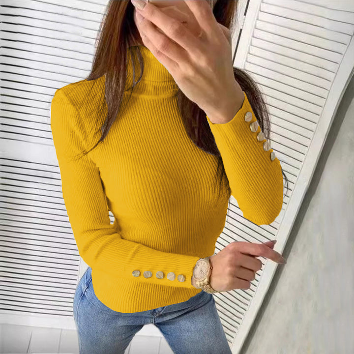 Metal Buckle Turtleneck Long Sleeve Pullover Knitted Sweater