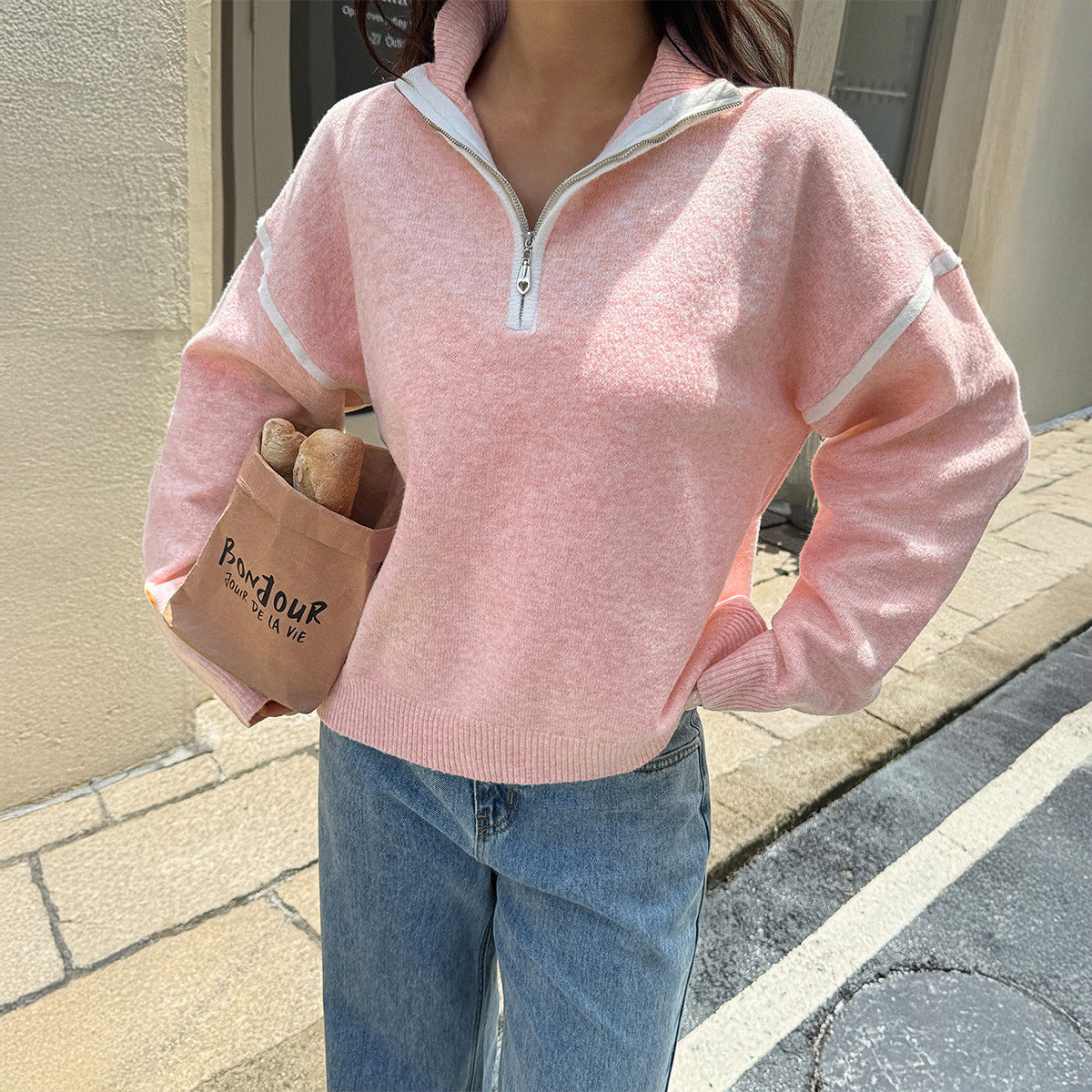 Simple Solid Color Long Sleeve Zipper Sweaters Women's Clothing