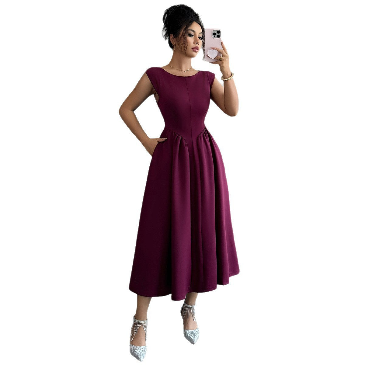Solid Color Waist Long Skirt Dress Women