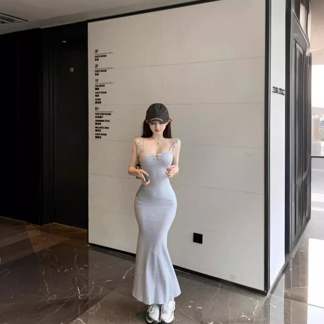 Double-shoulder Strap Sling Waist-tight Slim And Sexy Hip-wrapped Fishtail Dress
