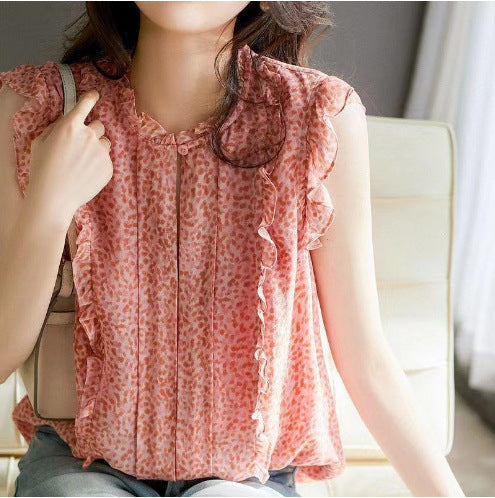 Sleeveless Ruffled Floral Women's Loose Sweet Chiffon Printed Top