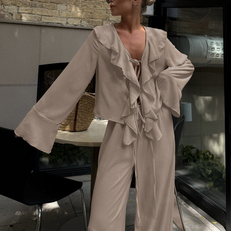 Casual Ruffles V-neck Lace-up Long Sleeve Top Suit
