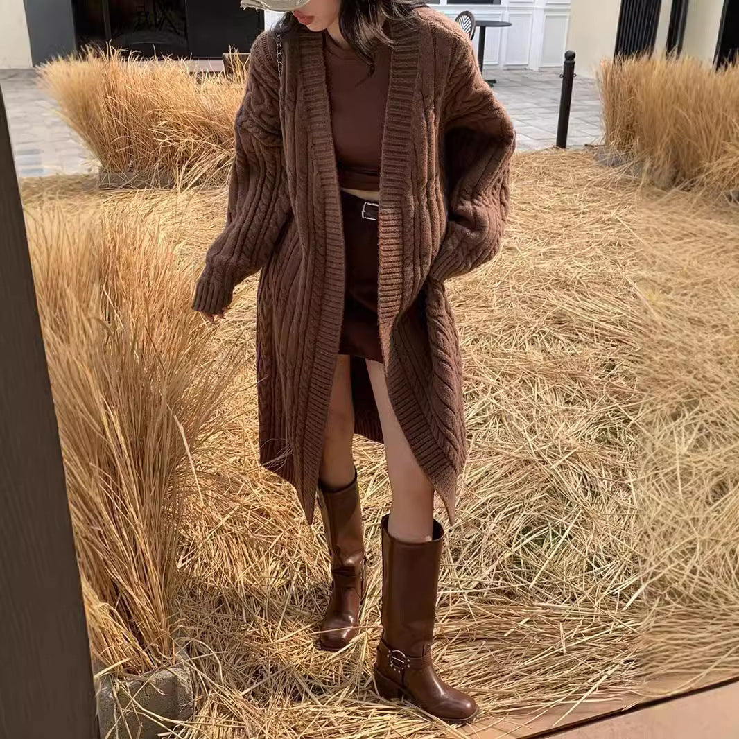 Women's Long Sweater Cardigan Thickened Twist Knitted Coat