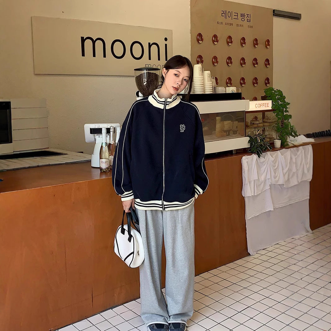 Contrast Color Striped Stand Collar Loose Preppy Style Leisure Sports Sweater Coat